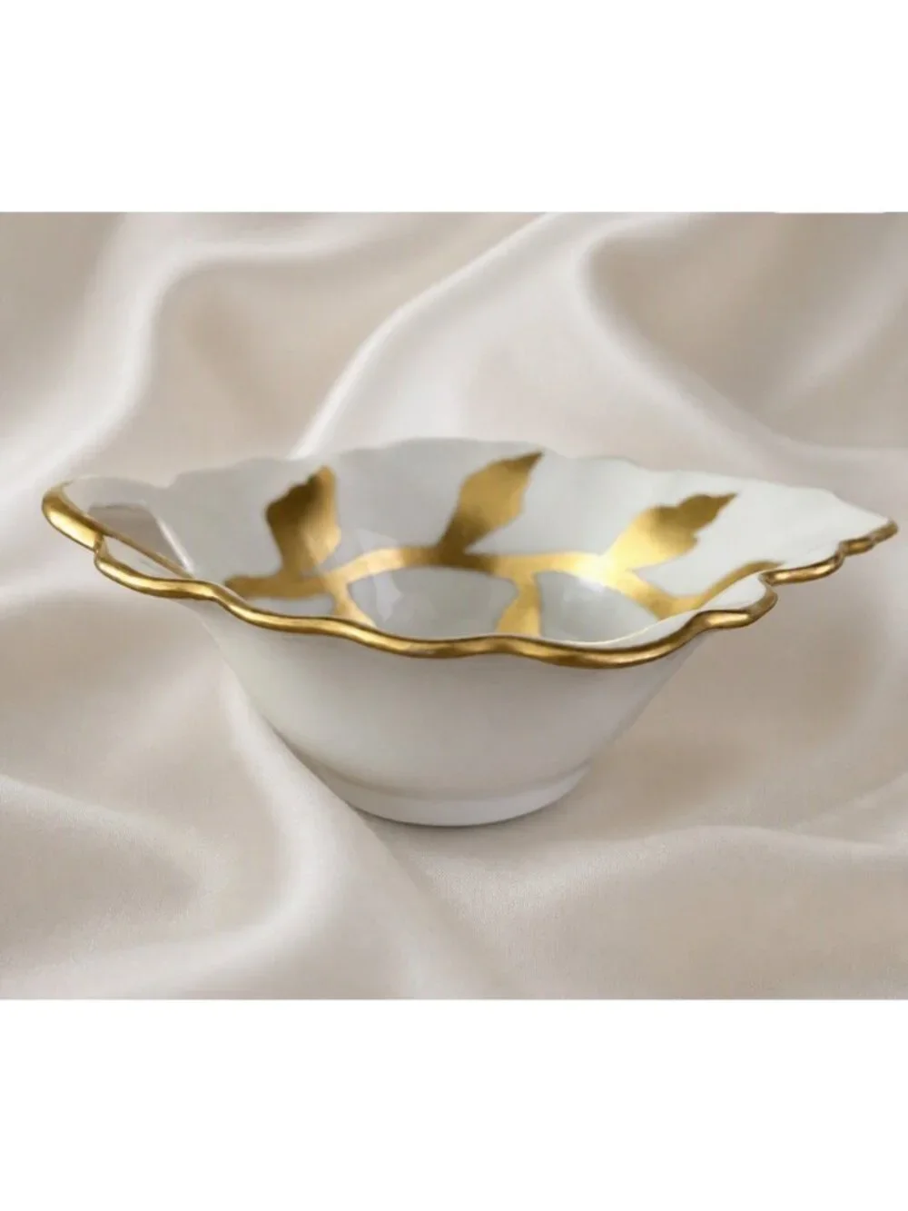 Vtg Schumann Germany Gold Leaf Porcelain Creamer Bowl Scalloped Rim European MCM
